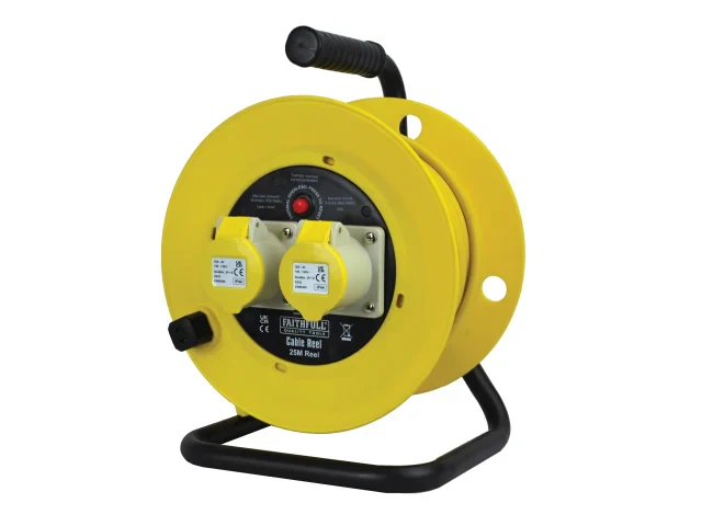 Faithfull Open Drum Cable Reel 110V 16A 2-Socket 25m (1.5mm Cable)