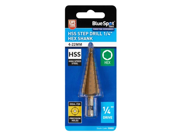 BlueSpot Tools HSS 1/4in Hex Shank Step Drill 4-22mm - Image 2